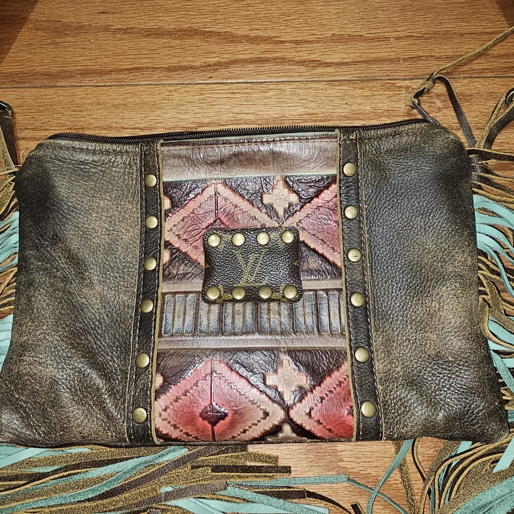 Western Brown and Teal Crossbody Bag with Fringe - Picture 5 of 10